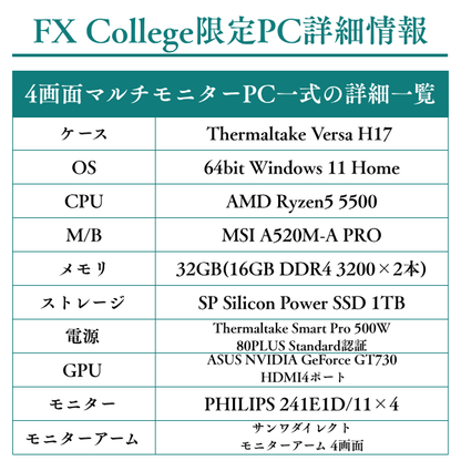 【新品】トレード専用PC【4画面マルチモニターセット】FX Collegeオリジナルモデル